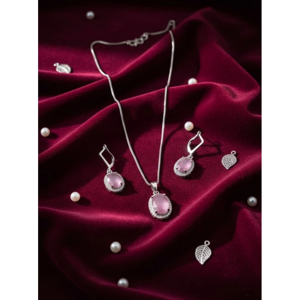 Generic Women's Brass Silver Plated Pendant Set (Pink) Generic Women's Brass Silver Plated Pendant Set (Pink)