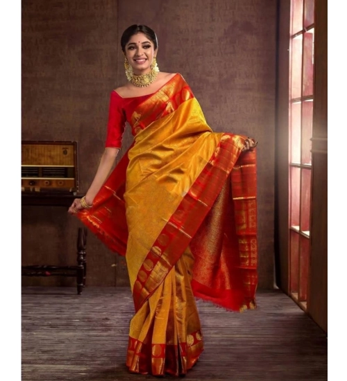 Generic Women's Soft Litchi Silk Jacquard Work Saree With Unstitched Blouse 5.5Mtr (Mustard Yellow)