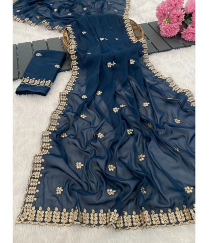 Generic Women's Georgette Embroidered Saree With Unstitched Blouse 5.5Mtr (Blue)