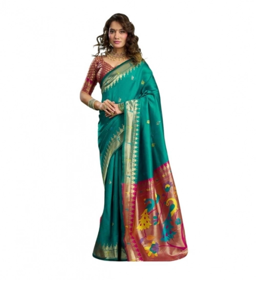 Generic Women's Silk Blend Woven Saree With Unstitched Blouse 5.5 Mtr (Green)