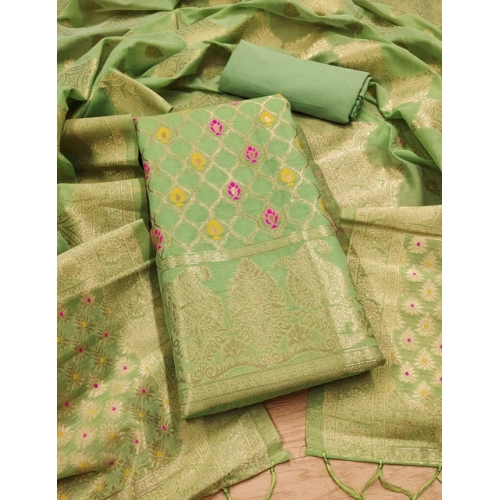 Women's Banarasi Silk Printed Unstitched Salwar Suit Material With Dupatta (Pista, 3Mtrs)