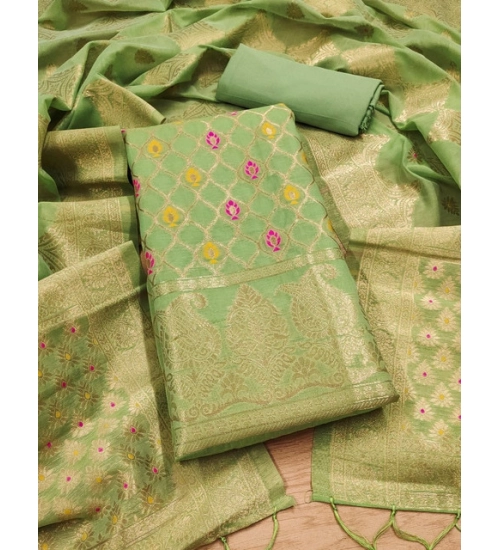 Generic Women's Banarasi Silk Printed Unstitched Salwar Suit Material With Dupatta (Pista, 3Mtrs)