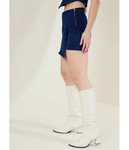 Generic Women's Denim Lycra Solid Zip Closure Skorts (Navy)