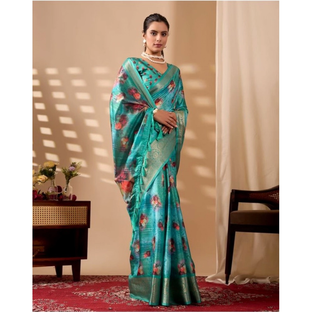 Generic Women's Faux_Silk Printed Saree With Unstitched Blouse 5.5Mtr (Aqua_Blue)