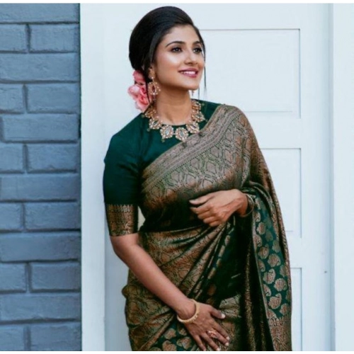 Women's Litchi silk Printed Saree With Unstitched Blouse (Green)