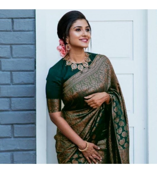 Generic Women's Litchi silk Printed Saree With Unstitched Blouse (Green)