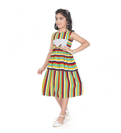 Generic Girl's Pure Cotton Striped Sleeve Less Round Neck Dress (Multicolor)