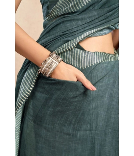 Generic Women's Faux Linen Floral Ready to wear Saree With Unstitched Blouse 5.5Mtr (Light_Teal)