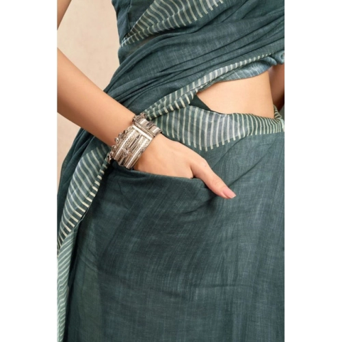 Generic Women's Faux Linen Floral Ready to wear Saree With Unstitched Blouse 5.5Mtr (Light_Teal)