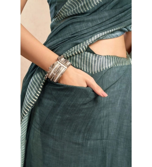 Generic Women's Faux Linen Floral Ready to wear Saree With Unstitched Blouse 5.5Mtr (Light_Teal)