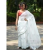 Generic Women's Linen Printed Saree With Unstitched Blouse 5.5Mtr (White)