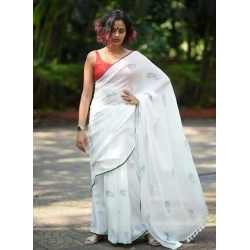 Generic Women's Linen Printed Saree With Unstitched Blouse 5.5Mtr (White)