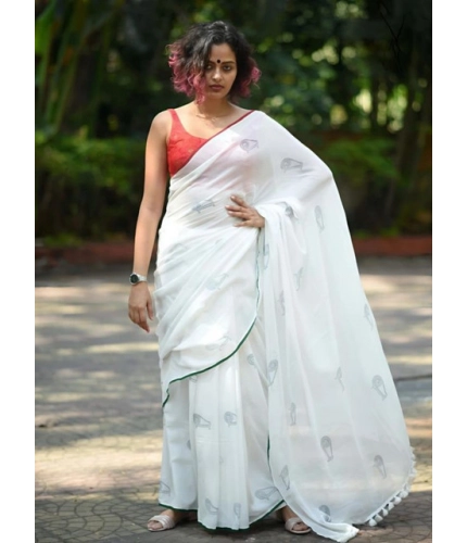 Generic Women's Linen Printed Saree With Unstitched Blouse 5.5Mtr (White)