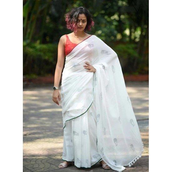 Generic Women's Linen Printed Saree With Unstitched Blouse 5.5Mtr (White)