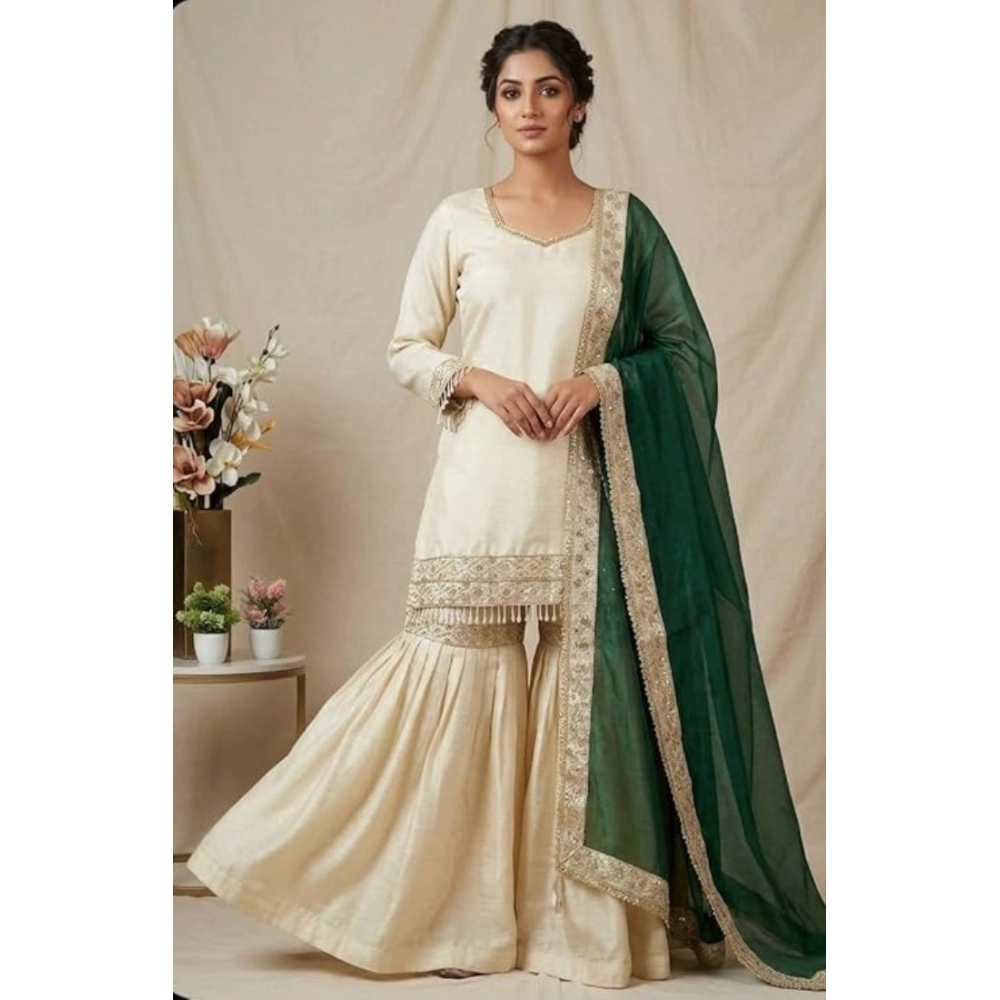 Generic Women's Silk Embroidered 3/4th Sleeve V-Neck Kurti With Sharara Pant and Dupatta Set (Cream & Bottle Green) Generic Women's Silk Embroidered 3/4th Sleeve V-Neck Kurti With Sharara Pant and Dupatta Set (Cream & Bottle Green)