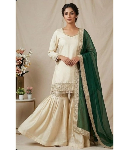 Generic Women's Silk Embroidered 3/4th Sleeve V-Neck Kurti With Sharara Pant and Dupatta Set (Cream &amp; Bottle Green)