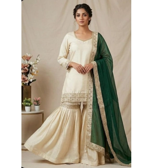 Generic Women's Silk Embroidered 3/4th Sleeve V-Neck Kurti With Sharara Pant and Dupatta Set (Cream & Bottle Green) Generic Women's Silk Embroidered 3/4th Sleeve V-Neck Kurti With Sharara Pant and Dupatta Set (Cream & Bottle Green)