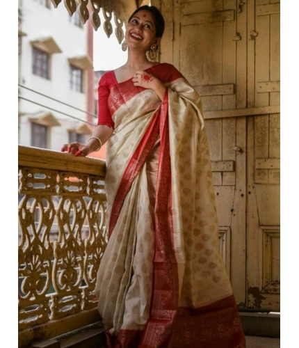 Generic Women's Soft Lichi Silk Printed Saree With Unstitched Blouse 5.5Mtr (White)