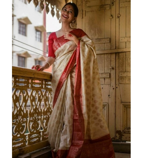 Generic Women's Soft Lichi Silk Printed Saree With Unstitched Blouse 5.5Mtr (White)