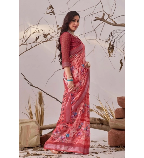 Generic Women's Faux_Linen Printed Saree With Unstitched Blouse 5.5Mtr (Rose)