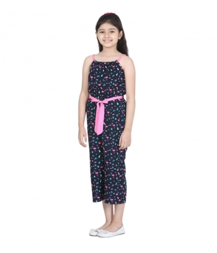 Generic Girl's Rayon Flamingo Print Sleeveless Jumpsuit (Black-Pink)