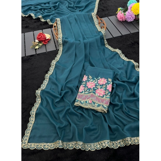 Generic Women's Georgette Embellished Saree With Unstitched Blouse 5.5Mtr (Teal) Generic Women's Georgette Embellished Saree With Unstitched Blouse 5.5Mtr (Teal)