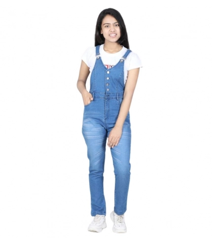 Generic Girl's Denim Solid Buttoned Dungaree (Blue)