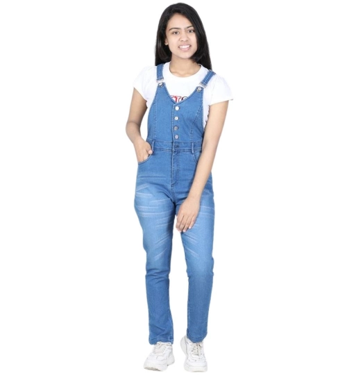 Generic Girl's Denim Solid Buttoned Dungaree (Blue)