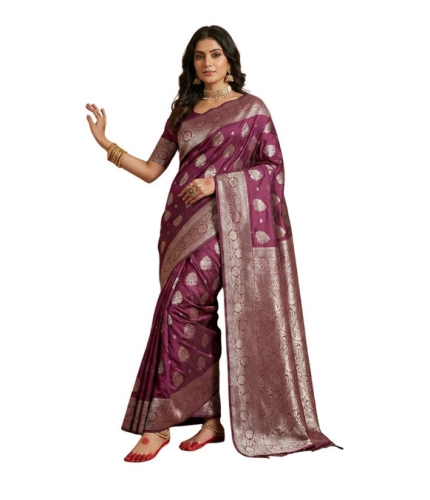 Generic Women's Silk Blend Printed Saree With Unstitched Blouse 5.5Mtr (Purple)