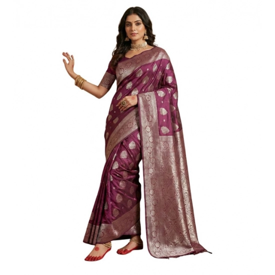 Generic Women's Silk Blend Printed Saree With Unstitched Blouse 5.5Mtr (Purple)