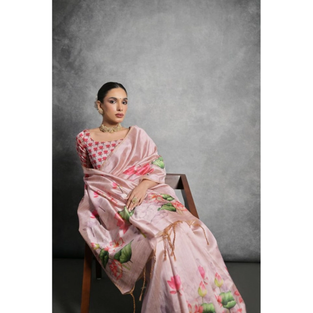 Generic Women's Cotton Printed Saree With Unstitched Blouse 5.5 Mtr (Pink)