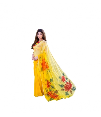Generic Women's Georgette  Printed Saree With Unstitched Blouse 5.5Mtr (Yellow)