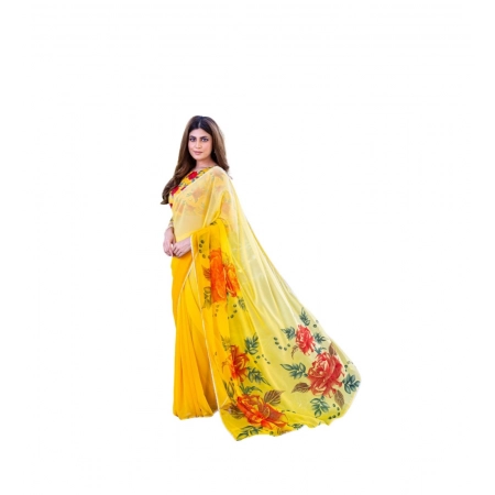 Generic Women's Georgette  Printed Saree With Unstitched Blouse 5.5Mtr (Yellow)