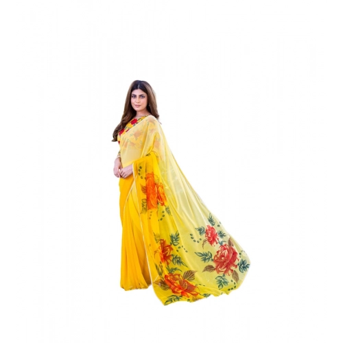Generic Women's Georgette  Printed Saree With Unstitched Blouse 5.5Mtr (Yellow)
