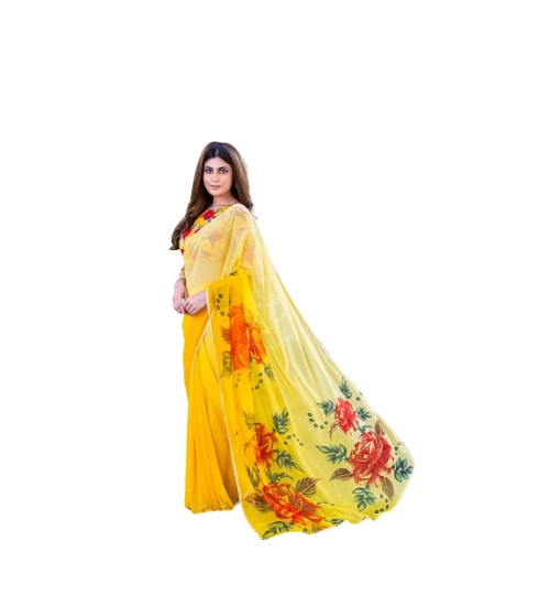 Generic Women's Georgette  Printed Saree With Unstitched Blouse 5.5Mtr (Yellow)