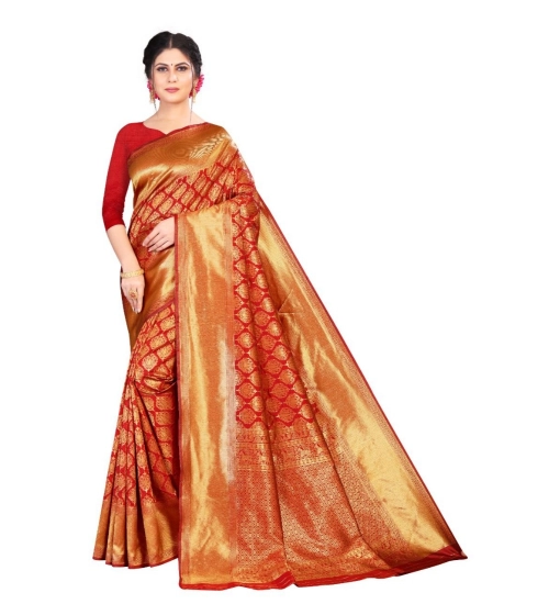 Generic Women's Soft Litchi Silk Jacquard Work Saree With Unstitched Blouse 5.5Mtr (Red)
