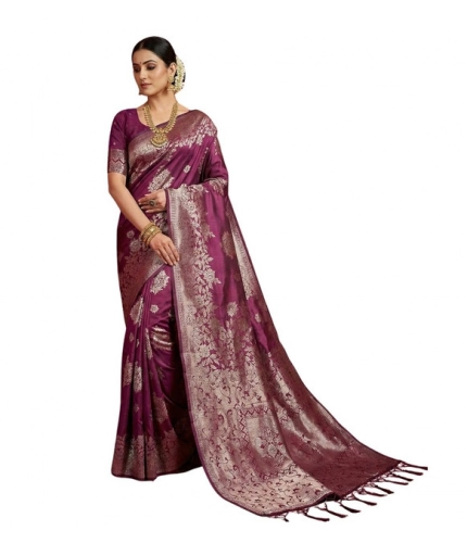 Generic Women's Silk Blend Printed Saree With Unstitched Blouse 5.5Mtr (Purple)