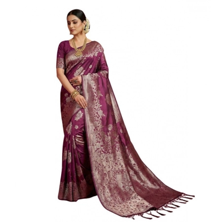Generic Women's Silk Blend Printed Saree With Unstitched Blouse 5.5Mtr (Purple)