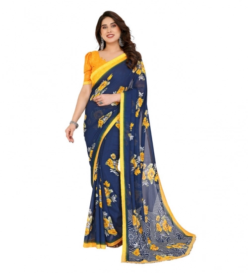 Generic Women's Georgette Printed Saree With Unstitched Blouse 5.5Mtr (Blue)