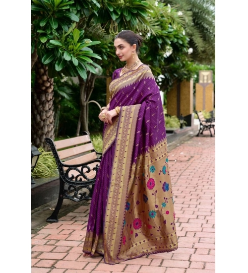 Generic Women's Silk Blend Zari Woven Saree With Unstitched Blouse 5.5Mtr (Purple)