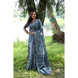 Generic Women's Faux_Tussar_Silk Abstract_Print Saree With Unstitched Blouse 5.5Mtr (Blue)