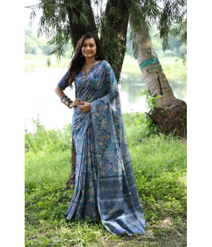 Generic Women's Faux_Tussar_Silk Abstract_Print Saree With Unstitched Blouse 5.5Mtr (Blue)