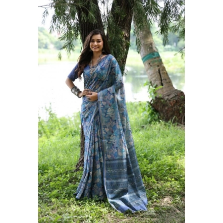 Generic Women's Faux_Tussar_Silk Abstract_Print Saree With Unstitched Blouse 5.5Mtr (Blue)
