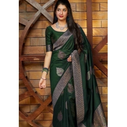 Generic Women's Litchi silk Printed Saree With Unstitched Blouse (Green)