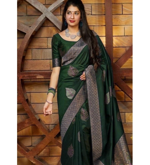 Generic Women's Litchi silk Printed Saree With Unstitched Blouse (Green)