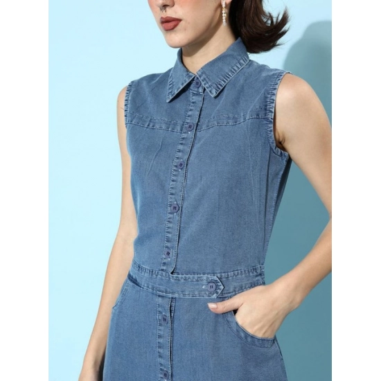 Generic Women's Denim Solid Sleeveless Dress (Blue) Generic Women's Denim Solid Sleeveless Dress (Blue)