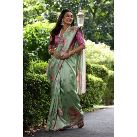 Generic Women's Faux_Tussar Floral_Print Saree With Unstitched Blouse 5.5Mtr (Light_Green)