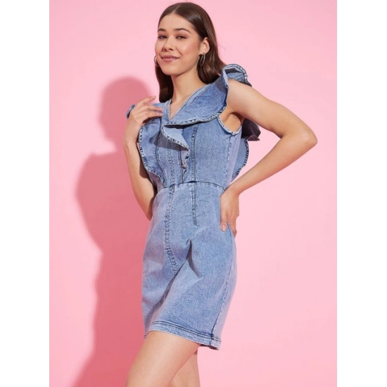 Generic Women's Denim Solid Flutter Sleeve Dress (Blue) Generic Women's Denim Solid Flutter Sleeve Dress (Blue)