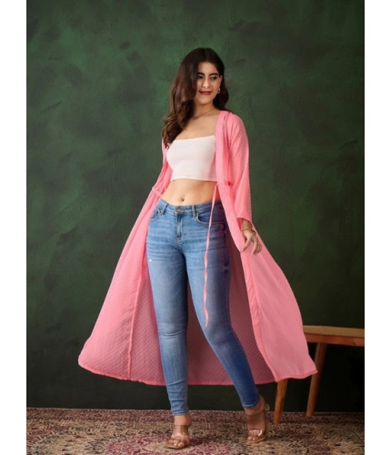 Generic Women's Chiffon Self Design Long Sleeves Shrug (Pink)