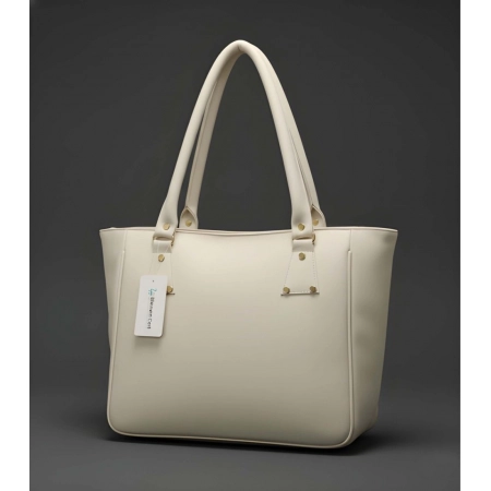 Women's PU Leather Solid Shoulder Zipper Handbag (Cream)
